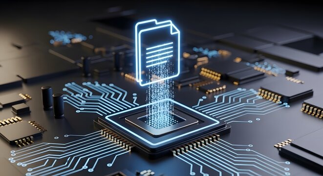 Digital document data flowing through advanced computer circuit board technology