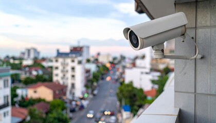 Surveillance Camera on Building Overlooking Cityscape at Dusk