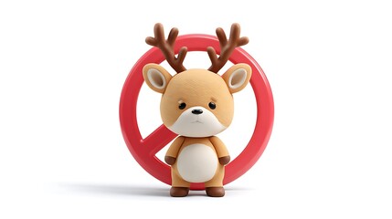Naklejka premium 3d cartoon character of deer with red line prohibition sign