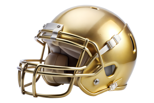 A shiny golden american football helmet with a face mask isolated on transparent background, ideal for sports and equipment related designs