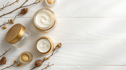 Luxurious skincare products in jars with natural decor on white wooden background for wellness