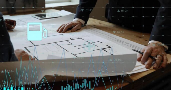 Architects unrolling blueprint revealing animated house chart fuel cross bolt car fork pin icons