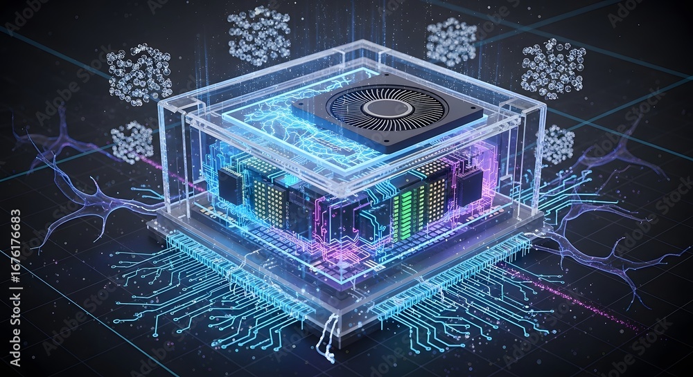 Fototapete futuristic glowing cube with intricate circuits and digital data streams