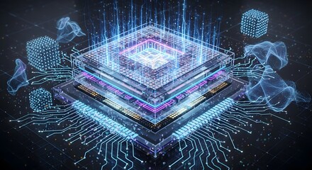 Abstract digital crystal core with glowing circuits and futuristic technology