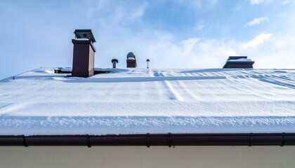 Snow-Covered Roof with Chimneys Under Clear Blue Sky in Winter