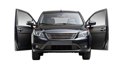 Front view of a black sedan car with open doors isolated on transparent background for car dealerships and automotive industry related concepts
