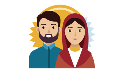 Diverse couple standing together under a bright sun symbol