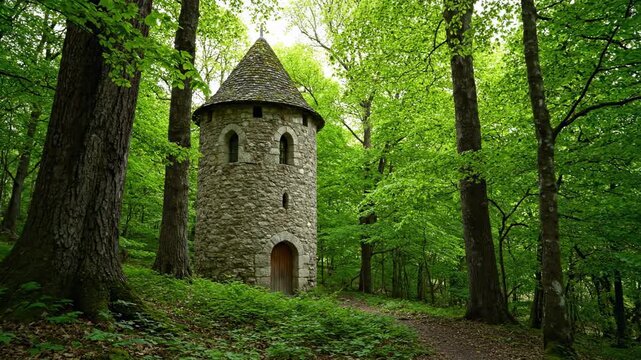 Stone Tower in Lush Forest - A charming stone tower with a conical roof stands alone in a dense forest.