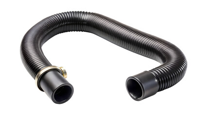 Flexible black plastic hose isolated on transparent background, a versatile plumbing component for ventilation, vacuum cleaners, and various industrial applications