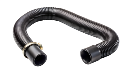 Flexible black plastic hose isolated on transparent background, a versatile plumbing component for ventilation, vacuum cleaners, and various industrial applications