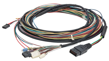 Electrical wiring harness with various colored wires and connectors isolated on transparent background for electronics and industrial equipment concepts