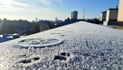 Obraz premium Frosty Winter Morning on a Roof with City Skyline in Background