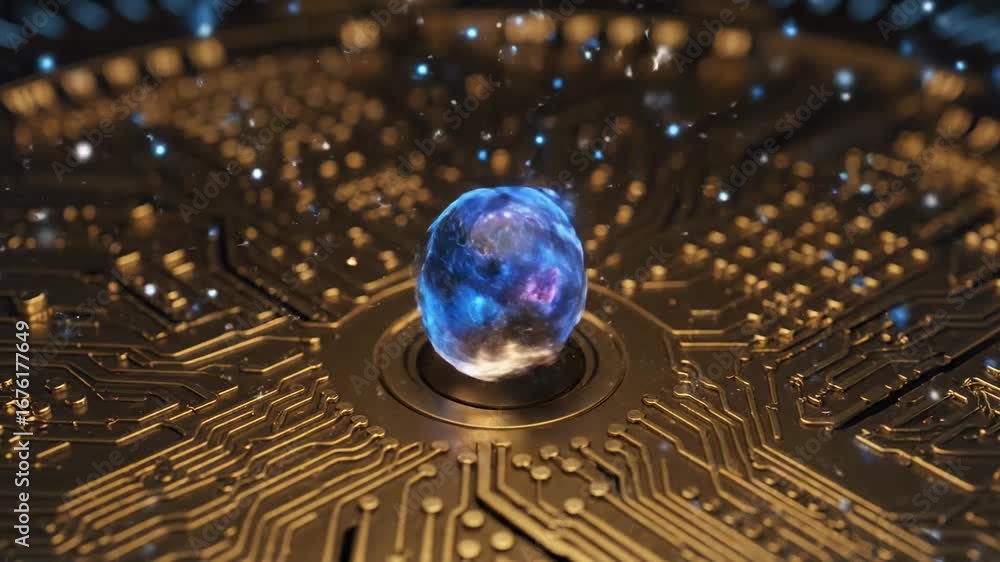 Poster quantum leap: qubit energy burst - close-up shot of a glowing blue sphere, possibly representing a q