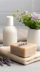 Natural lavender soap and lotion with fresh flowers for relaxing bathroom spa atmosphere setup