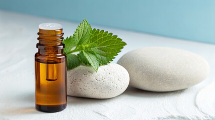 Essential oils and mint leaves with smooth spa stones for relaxation and aromatherapy wellness