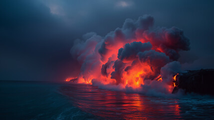 Dramatic volcanic eruption with glowing lava flowing into ocean creating steam clouds and fiery seascape
