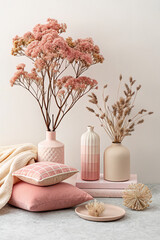 Elegant minimalist home decor with pink vases, pillows, and dried flowers on neutral background