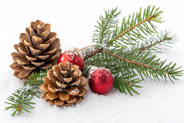 Christmas Pine Cones with Red Ornaments and Snowy Fir Branch Decoration