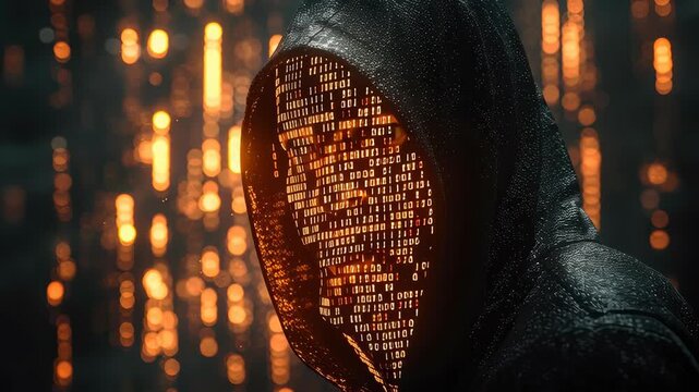 Digital hacker profile: binary crack, system breach, incognito motion, secret figure, shadow realm, network probe, code fragment, masked presence, stealth action, data flaw, hidden circuit