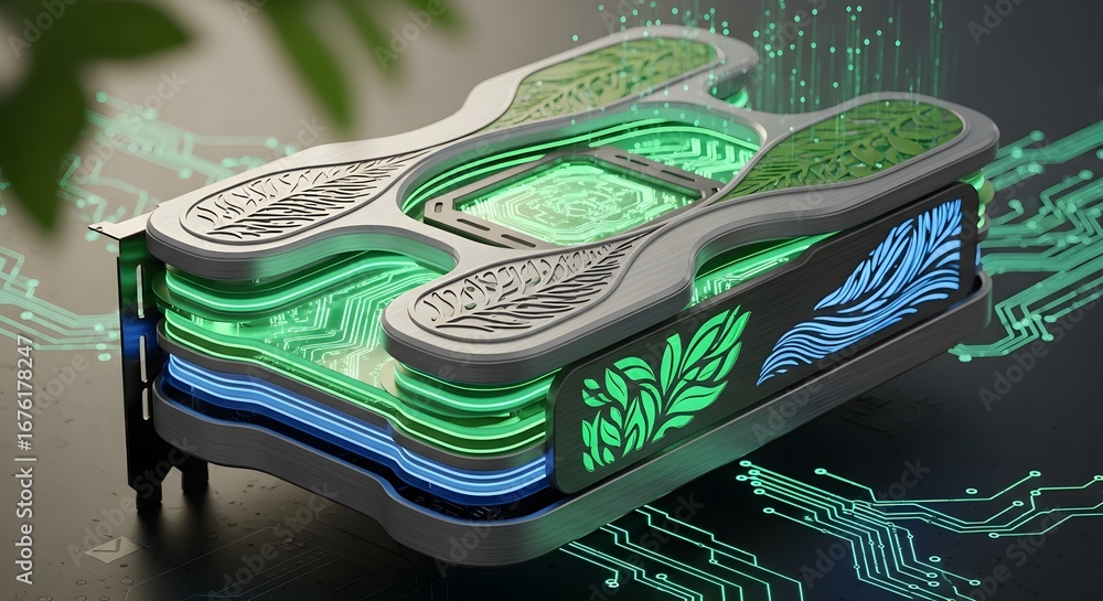 Aufkleber futuristic glowing cube with abstract circuitry and organic patterns
