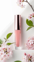 Elegant pink lip gloss with floral cherry blossom arrangement for spring beauty inspiration