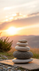 Balanced stones in nature at sunset with mountains and orange sky inspiring peace and tranquility