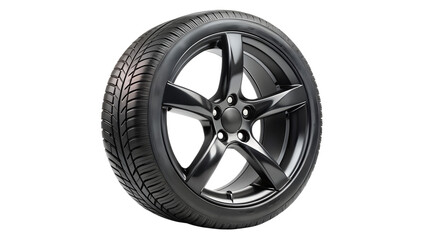 Obraz premium Closeup of a black car tire with a fivespoke rim isolated on transparent background, showcasing its tread pattern and automotive design