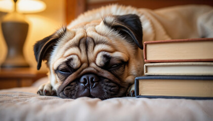 Sleeping pug dog resting near a stack of books in cozy bedroom