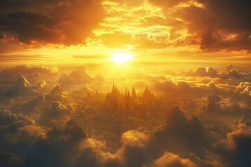 Obraz premium scenic of wonderful golden sunset skyline, scenic view of a skyline bathed in golden sunset light,