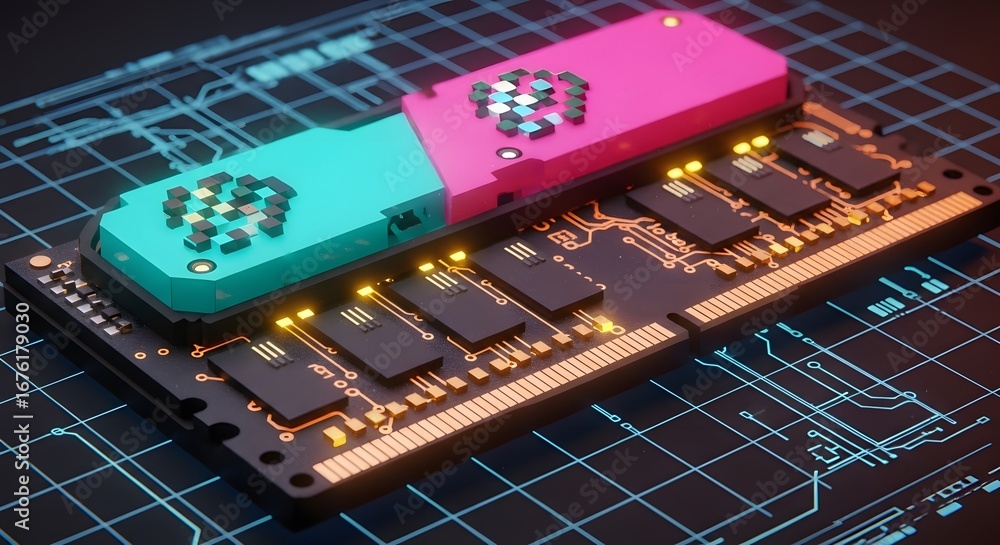 Poster two colorful usb drives plugged into a computer ram module on a circuit board