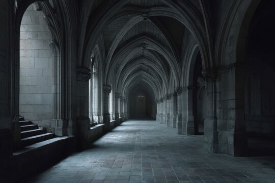 Moody, dimly lit gothic corridor with pointed arches and stone walls, evoking mystery, history, and ancient architectural grandeur.