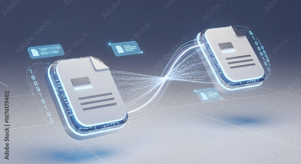 Poster digital data transfer between two futuristic devices connected by light streams