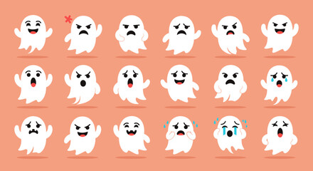 A spooky collection of diverse ghost emoticons expressing various emotions and feelings