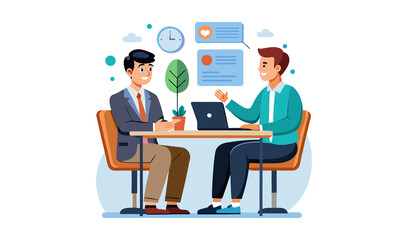 Two businessmen having a meeting at a desk with a laptop