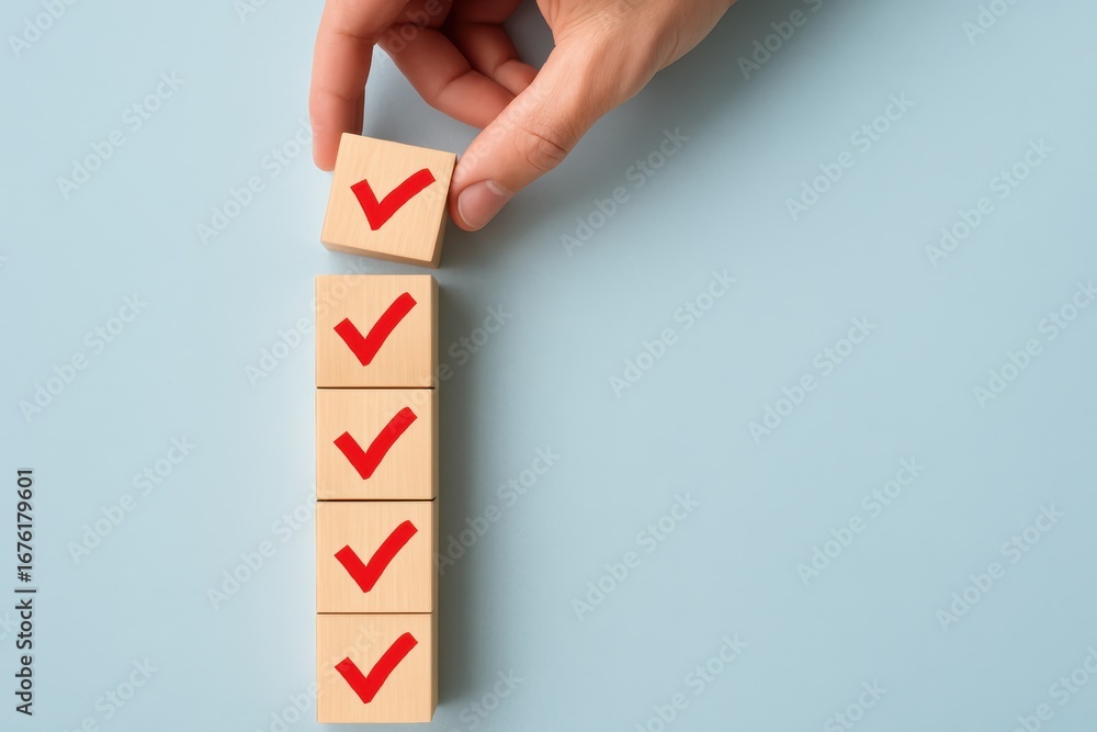 Poster checklist completion: a hand carefully places a wooden block marked with a red checkmark atop a stac