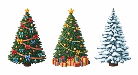 Festive Christmas trees adorned with bows, ornaments, and gifts, plus a snowy winter pine, perfect for holiday cheer and seasonal projects.