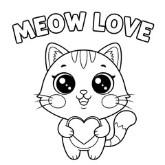 Naklejka premium Cute Cartoon Cat Holding Heart – Black and White Line Art with “Meow Love” Text for Coloring and Kids’ Design