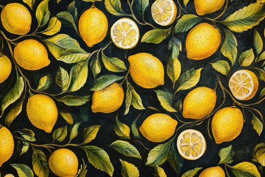 Seamless pattern of lemons, seamless pattern of yellow lemons scattered evenly