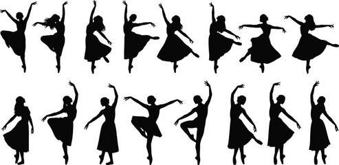 Ballet, dancer, silhouette, pose, elegant, movement, classical, dance, performance, pirouette, arabesque, flexibility, choreography, female, black, dress, graceful, posture, artistic, vector © Ideasy Mind
