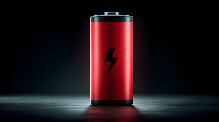 Close-up of a charged red battery with a lightning bolt symbol on a dark background. AI Generated