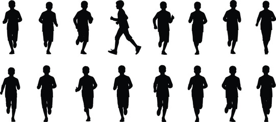 Running Cycle Silhouette Vector of Human Motion in Sixteen Poses for Animation, Biomechanics, Sports Training, and Educational Illustration Use