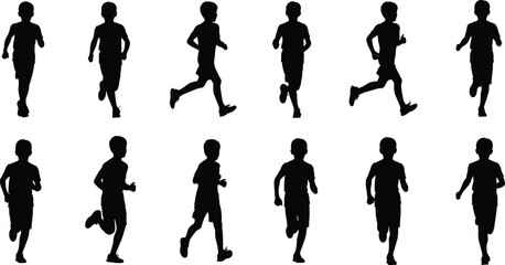 Silhouette sequence of running child showing athletic motion phases, sports biomechanics, gait cycle stages for animation, training, and educational vector illustration