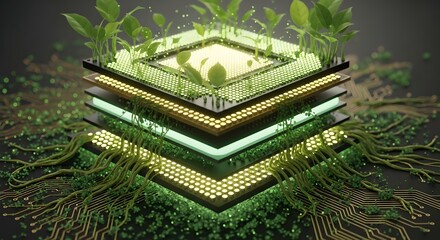 Bioluminescent futuristic technology stack integrated with lush green nature elements
