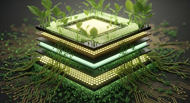 Bioluminescent futuristic technology stack integrated with lush green nature elements - Powered by Adobe