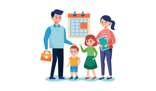 Family with children and calendar planning activities and events together