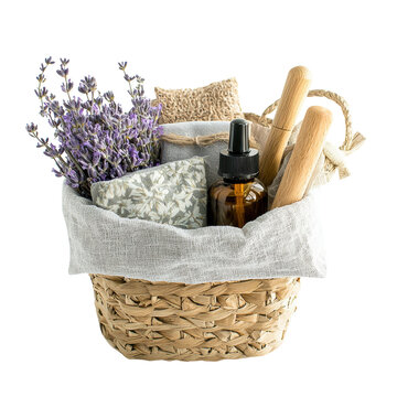 A decorative woven basket filled with lavender, natural skincare products, and handmade items, exuding a calming and aromatic ambiance, spa basket with plushie