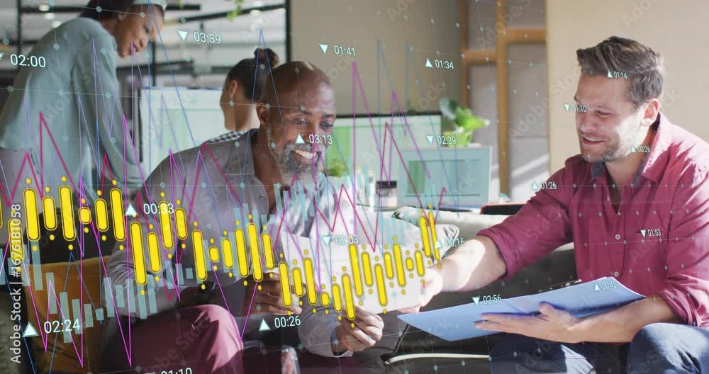 Aufkleber analyst sipping coffee reading report causing peer opening folder confirming business data overlay