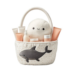 A cute basket filled with skincare products and plush toys, featuring a friendly shark design and a smiling cloud character, spa basket with plushie