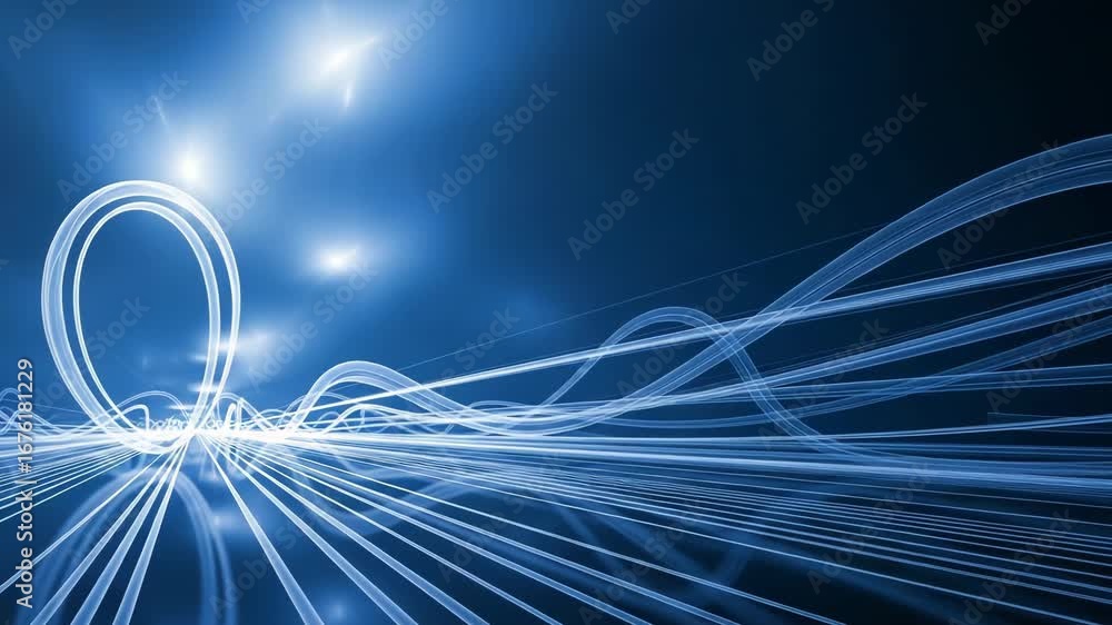 Poster abstract blue light trails form a futuristic tunnel with a glowing loop, suggesting speed and techno