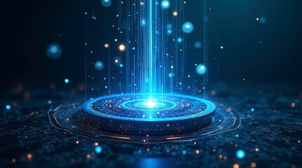 Digital interface with glowing blue holographic energy stream rising vertically